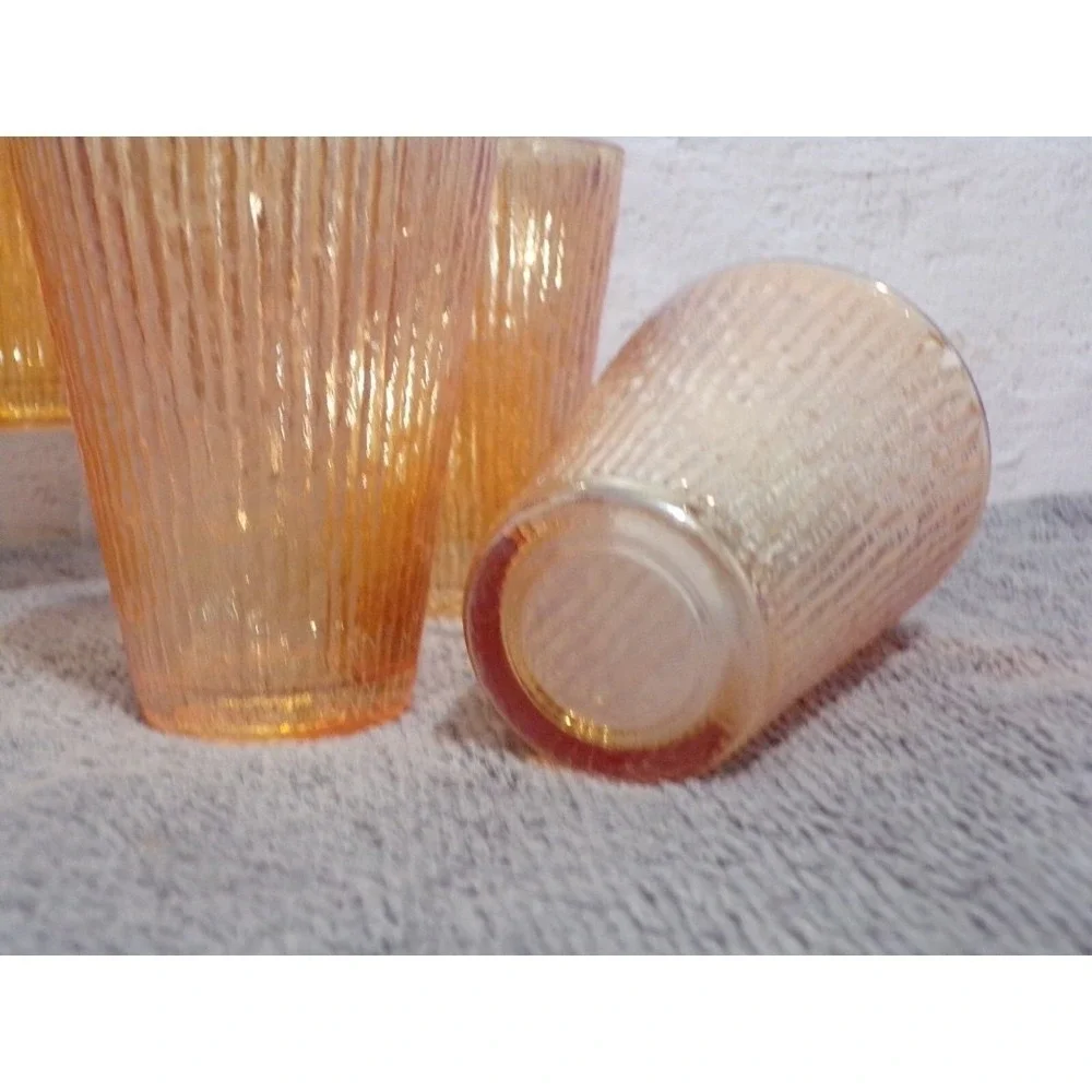Vintage Jeanette Tree Bark Marigold Iridescent‎ Carnival Juice Glasses Set of 5